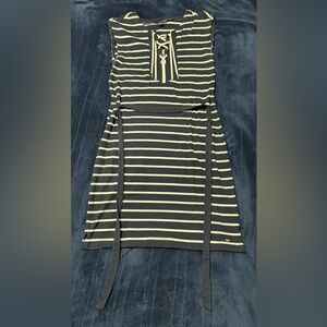 Tommy Hilfiger Navy Blue White Nautical Stripe V- Neck Dress Cotton M Sleeveless